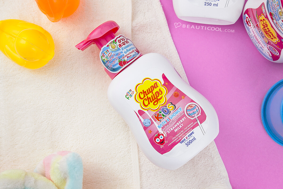 CHUPA CHUPS KIDS BATH & SHOWER STRAWBERRY MILKY ขวดปั๊ม ขนาดใหญ่ ใช้ง่าย