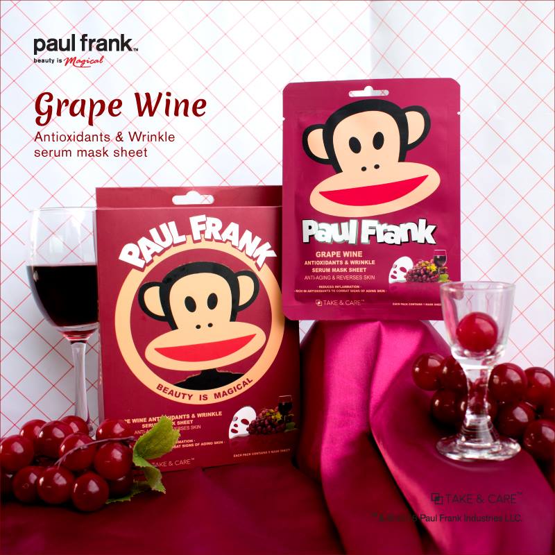 Paul Frank, TAKE & CARE,Paul Frank Green Wine Antioxidants & Wrinkle Serum Mask Sheet,แผ่นมาส์ก,พอล แฟรงก์ มาส์กหน้า,paul frank beauty,เทค แอนด์ แคร์