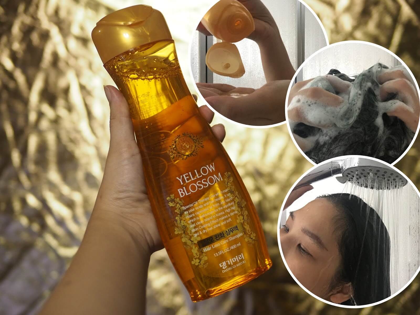 Daeng gi meo ri Yellow Blossom Anti-Hair Loss Shampoo 400 ml. แชมพูสีเหลืองทองอุดมไปด้วยสารอาหารที่สกัดจากดอกยูแซ เกาะเซจู และสมุนไพรกว่า 15 ชนิด   ช่วยบำรุงหนังศรีษะให้แข็งแรง เปลี่ยนผมแห้งเสียให้มีชีวิตชีวา คืนผมสุขภาพดี หนา นุ่ม แข็งแรง