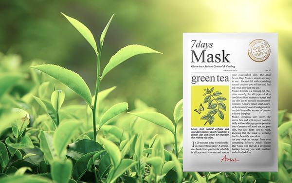 7 Days Mask Green tea 20g ด้วยคุณสมบัติของชาเขียวที่ช่วยขจัดเซลล์ผิวที่เสื่อมสภาพออก เผยผิวใหม่ที่เรียบเนียนขึ้น และยังช่วยลดความมันส่วนเกินบนใบหน้า