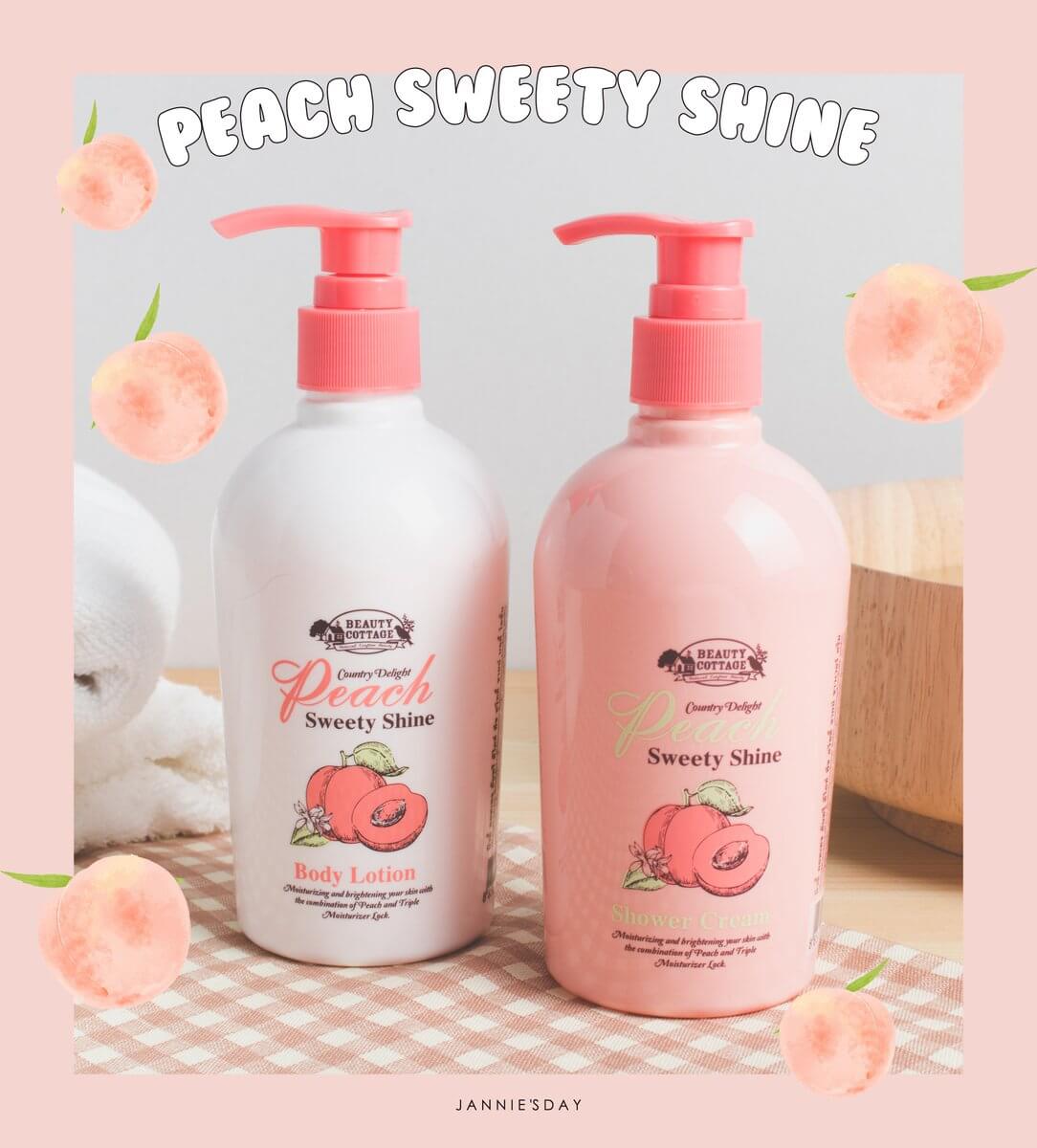 Beauty Cottage Country Delight Peach Sweety Shine Body Mist 100 g.  - สเปรย์น้ำหอมบำรุงผิวพีชเบอรี่ อัพผิวใส  - สารสกัด Stem Cell Peach, Grapefruit Extract และ Elastosome®CoQ10 พร้อม AHA ผลัดเซลล์ผิว บำรุงผิวให้ผิวแลดูสว่างกระจ่างใส   -  ไม่มีส่วนผสมของสารกันเสีย