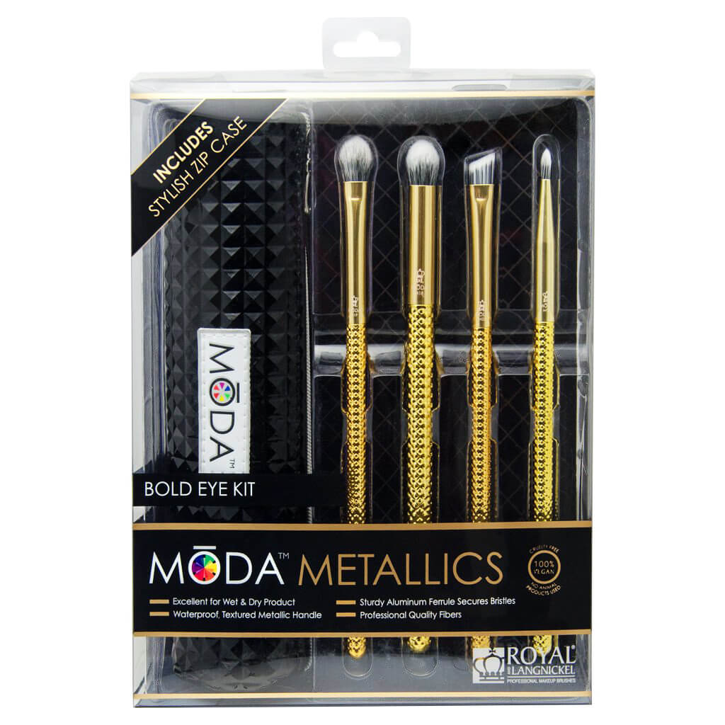 MODA Makeup Brushes Metallics Bold Eye Kit 5 pcs.  เซ็ทแปรงแต่งตา 4 ชิ้น พร้อมกระเป๋าเก็บแปรง แต่งแต้มเปลือกตาได้อย่างมืออาชีพ  แปรงModa แปรง 100%Vegan นำเข้าจากอเมริกา ขนแปรงเส้นใยสังเคราะห์คุณภาพสูง นุ่ม ไม่บาดหน้า ไม่ต้านผิว คอแปรงอลูมิเนียม ไม่ขึ้นสนิม ด้ามแปรงกันน้ำ