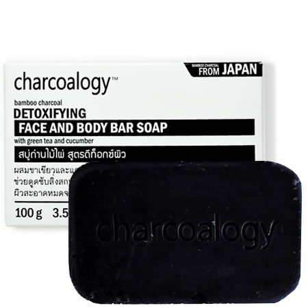 Charcoalogy Bamboo Charcoal Detoxifying Face and Body Bar Soap 100g สบู่ถ่านไม้ไผ่ สูตรดีท็อกซ์ผิว ทำความสะอาดผิวหน้าและผิวกาย มีส่วนผสมของชาเขียวและแตงกวา