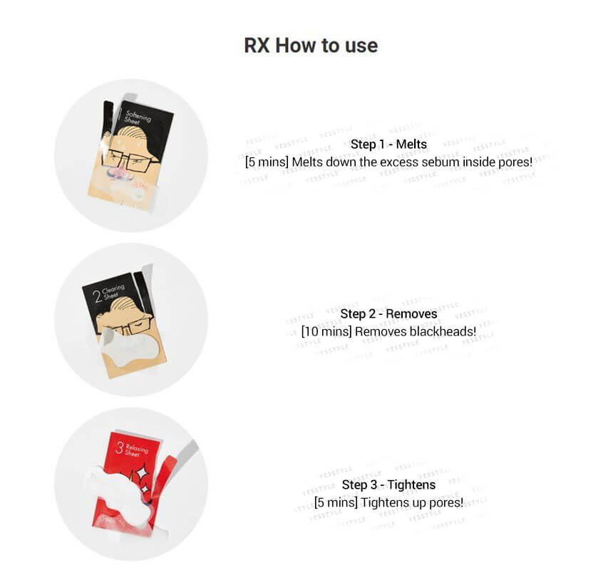 Cosrx Blackhead Remover Mr.RX Kit 3 g.  แผ่นมาส์กขจัดสิวเสี้ยน 3 ขั้นตอน  ช่วยขจัดสิวเสี้ยน สิวหัวดำบริเวณจมูกออกได้อย่างง่ายดาย ไม่ก่อให้เกิดการระคายเคือง พร้อมช่วยเพิ่มความชุ่มชื้นไม่ทำให้ผิวแห้งตึงหลังใช้ ประกอบไปด้วย 1.SOFTENING SHEET มาส์กขั้นตอนแรกเพื่อเปิดรูขุมขน ละลายสิวเสี้ยน สิวหัวดำ 2.CLEARING SHEET มาส์กขั้นตอนที่สอง ช่วยทำความสะอาดได้อย่างล้ำลึก 3.RELAXING SHEET มาส์กขั้นตอนสุดท้าย สำหรับฟื้นบำรุงผิว ให้ผ่อนคลาย และช่วยเพิ่มความชุ่มชื้น