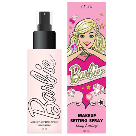 Barbie Make Up Setting Spray 120 ml. บาร์บี้เมคอัพเซ็ตติ้งสเปรย์  สเปร์ยช่วยล็อคเครื่องสำอางให้ติดทน สารสกัดจากดอก Rosa Centifolia Flower ช่วยบำรุงใบหน้าให้ดูกระจ่างใส เพิ่มความชุ่มชื้น และอ่อนโยนต่อผิว