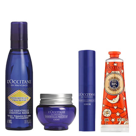  L'occitane Immortelle Sets 4 pcs.  ประกอบไปด้วย   - L'occitane Immortelle Precious Essential Water 30 ml.  - L'occitane Immortelle Precious Serum 4 ml.  - L'occitane Immortelle Precious Cream 8 ml.  - L'occitane Wonderful Rose Hand Cream 10 ml.