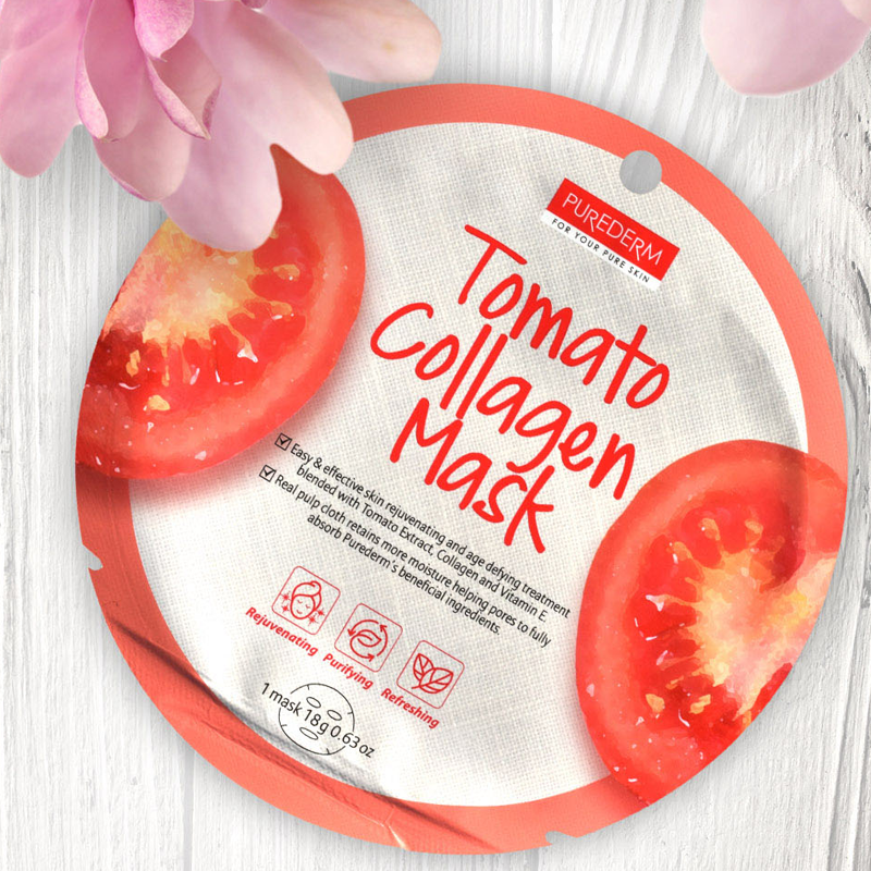 Tomato Collagen Mask 18g มีสารสกัดจากมะเขือเทศในการชำระล้างและควบคุมระดับน้ำมันในผิวและวิตามินอีและคอลลาเจนเพื่อให้ความชุ่มชื้น และต่อต้านริ้วรอย
