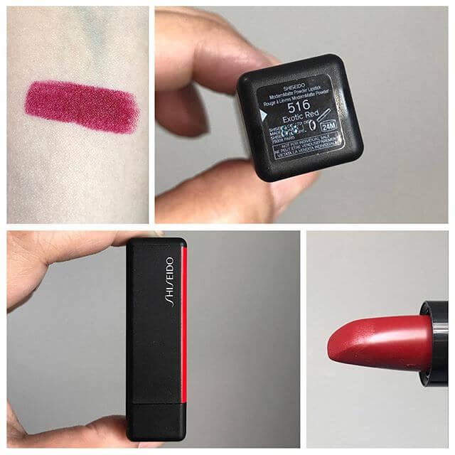 Shiseido Modern Matte Powder Lipstick #516 Exotic Red 2.5 g.ให้เรียวปากโดดเด่น เฉดสีดูเข้มข้นและอวบอิ่ม ปลายลิปสติกออกแบบพิเศษให้เป็นมุม ไม่เพียงแต่ต้องการสะท้อนมุมมอง ความทันสมัยของญี่ปุ่นเท่านั้น ทรงลิปออกแบบมาให้ทาได้ง่าย โดยไม่ต้องใช้ดินสอเขียนปาก