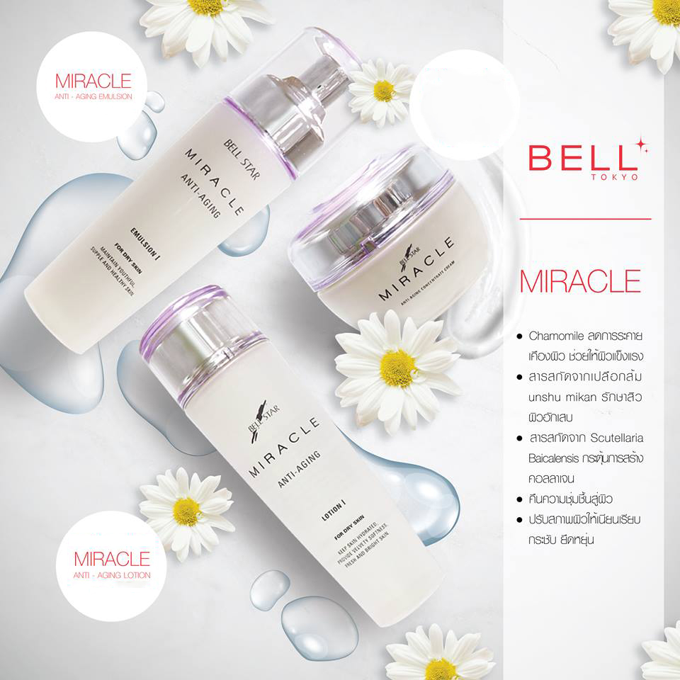 Bell Tokyo Miracle Gift Set Kit  ประกอบไปด้วย  1. MIRACLE ANTI-AGING CREAMY SOAP 10ml  2. MIRACLE ANTI-AGING LOTION 10 ml  3. MIRACLE ANTI-AGING EMULSION 10ml  4. CLEANSING OIL (REFRESHING GREEN TEA) 10ml