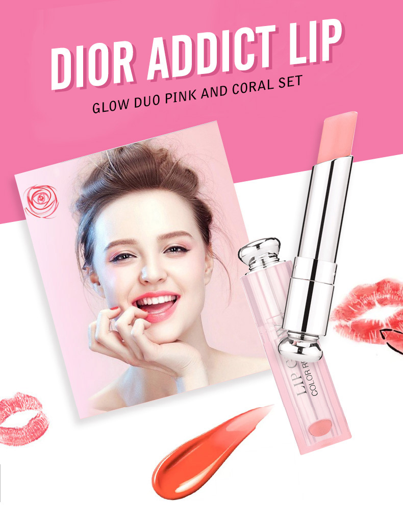 DIOR ADDICT LIP GLOW DUO PINK AND CORAL Set （#001+#004）ขนาด 3.5g.X 2 แท่ง มาเป็นแพ็คคู่ สุดคุ้ม  มี2เฉดสีในแพ็ค Dior Addict Lip Glow 001 #Pink Dior Addict Lip Glow 004 #Coral  Dior Addict Lip Glow  เรียวปากอิ่มเอิบด้วยลิปโกลว์สีชมพูสดใส ลิปบาล์มบำรุงริมฝีปากเนื้อนุ่ม แต่งแต้มความงามด้วยสีสันละมุน เสริมความงามตามธรรมชาติของสีปากดูโดดเด่นขึ้น พร้อมเพิ่มความชุ่มชื่นปรนนิบัติผิวริมฝีปาก ลิปโกล์วจะเปลี่ยนสีไปตามอุณหภูมิของร่างกายโดยอุณหภูมิสูงสีจะเข้มกว่าอุณหภูมิต่ำ ในแพ็คเกจสีชมพูสไตล์เจ้าหญิงแสนหวานเพิ่มความน่ารักให้คุณดูโดดเด่นทุกครั้งที่หยิบใช้  #dior #lipbalm #dioraddictlipglow