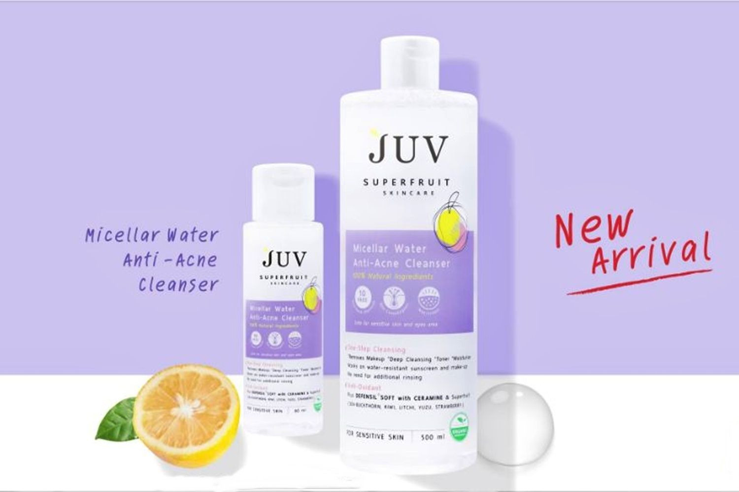 Juv Micellar Water Anti - Acne Cleanser 500 ml. คลีนเซอร์สูตร Natural 100% ช่วยทำความสะอาดเมคอัพ กันแดด ความมัน และสิ่งสกปรก PM 2.5