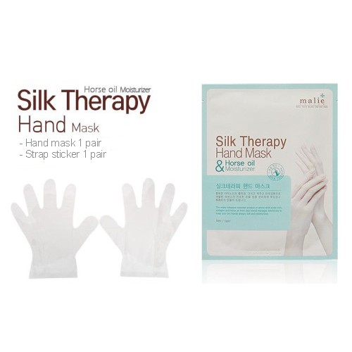 malie Silk Therapy Hand Mask 25g (1แผ่น) แผ่นมาส์กมือสูตรพิเศษจากเกาหลี มีส่วนผสมของกรดอะมิโนที่อุดมไปด้วยคอลลาเจน น้ำมันม้าจากเกาะเชจู คืนความยืดหยุ่นให้กับผิวมือ