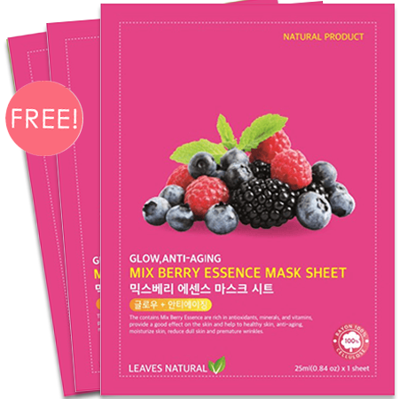 Leaves  Natural ซื้อ 1 ชิ้น ฟรี 2 ชิ้น!! MIX BERRY ESSENCE MASK SHEET 25 ml มาสก์อุดมไปด้วย Mix Berry Essence ที่อุดมไปด้วยสารต้านอนุมูลอิสระ แร่ธาตุ และวิตามินที่ให้ผลดีต่อผิว