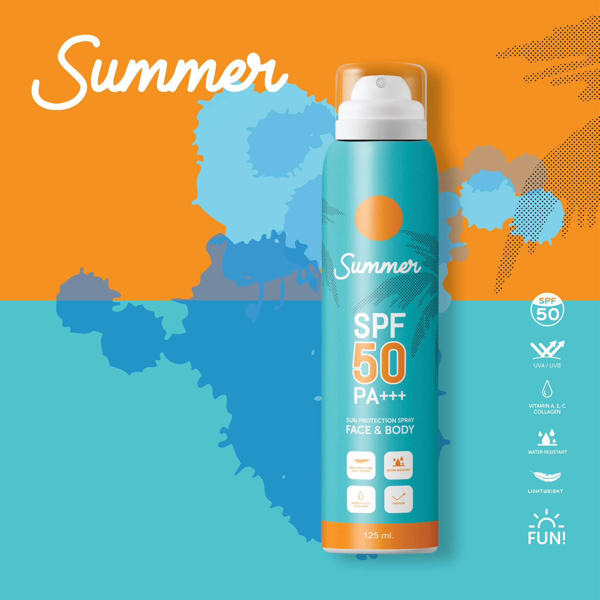 Summer Sun Protection Spray Face & Body SPF50 PA+++ 125 ml สเปรย์กันแดด ละอองบางเบา ใช้ง่ายไม่เหนียวเหนอะหนะ อ่อนโยนต่อผิว ให้ผิวสุขภาพดีชุ่มชื้น กันน้ำ กันเหงื่อ ไม่ทำร้ายธรรมชาติและประการัง