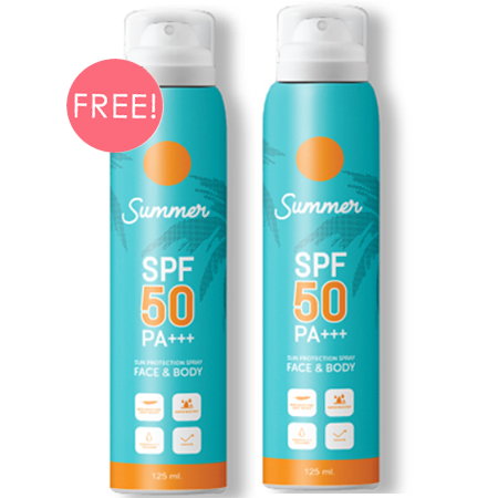 Summer ซื้อ 1 ชิ้น ฟรี 1 ชิ้น!! Sun Protection Spray Face & Body SPF50 PA+++ 125ml สเปรย์กันแดด ละอองบางเบาอ่อนโยนต่อผิว กันน้ำกันเหงื่อ ไม่ทำร้ายธรรมชาติและประการัง