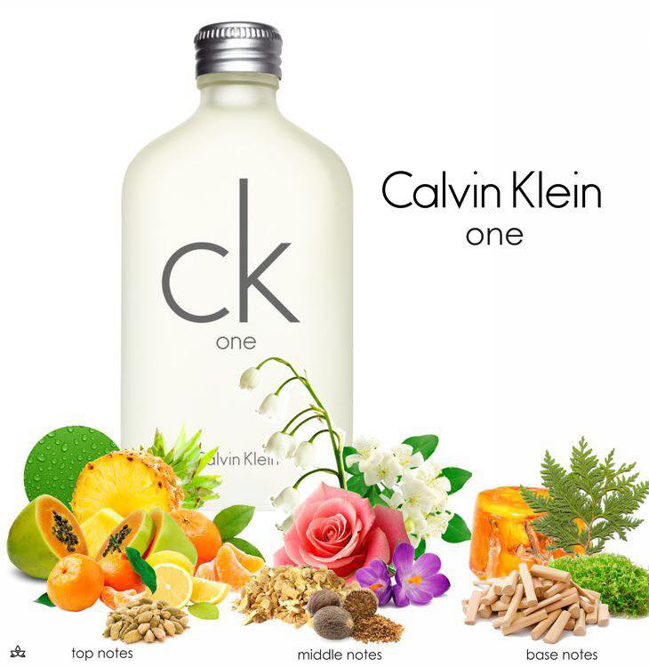 CK Calvin Klein ​ CK ONE EDT เริ่มต้นด้วยกลิ่นระดับบนประกอบด้วยโน๊ตของสับปะรด, โน๊ตสีเขียว, ส้มแมนดาริน, มะกรูด, มะละกอ cardamom และเลม่อน  ตามมาด้วยกลิ่นระดับกลางของผลนัทเม็ก, ไวโอเล็ท, orris root, มะลิ, lily-of-the-valleyและกุหลาบ   ปิดท้ายด้วยความหอมอบอุ่นจากกลิ่นโน๊ตของไม้จันทน์หอม, แอมเบอร์, มัสค์, ซีดาร์และโอ๊คมอส