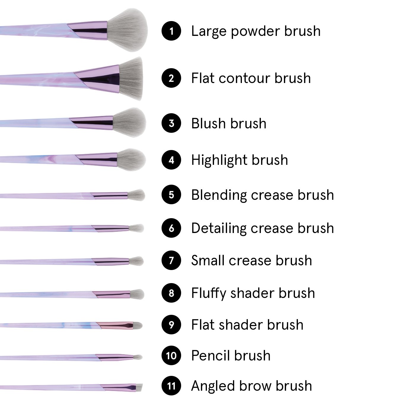 BH Cosmetics Lavender Luxe - 11 Piece Brush Set เซ็ทแปรงแต่งหน้า 11 ชิ้น คอลเลกชั่นของแปรงสำหรับใบหน้าและรอบดวงตา ปลอกโลหะสีลาเวนเดอร์ และด้ามสีพาสเทล