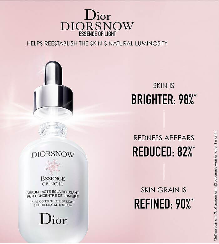 Dior Snow Essence of Light Pure Concentrate of Light Brightening Milk Serum เซรั่มสูตรใหม่ที่เหมาะสำหรับผิวของสาวเอเชียโดยเฉพาะ Dior ได้คิดค้นเซรั่มสูตรใหม่ที่ทรงประสิทธิภาพในการฟื้นฟูผิวของสาวเอเชียได้อย่างล้ำลึก โดยจะช่วยปรับผิวให้กระจ่างใส เนียนเรียบ และมีสุขภาพดีขึ้น 