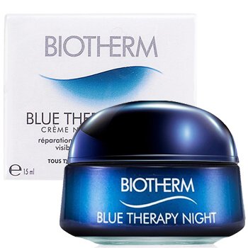 Biotherm Blue Therapy Night Cream 15 ml  ไนท์ครีมฟื้นคืนความอ่อนเยาว์ให้ผิว ด้วยครีมบำรุงผิวยามค่ำคืน จากไบโอเธิร์ม ที่ผสานส่วนผสมของสาหร่าย ช่วยฟื้นบำรุงความกระชับ พร้อมลดเลือนริ้วรอย และจุดด่างดำ สำหรับผิวธรรมดา ผิวผสม