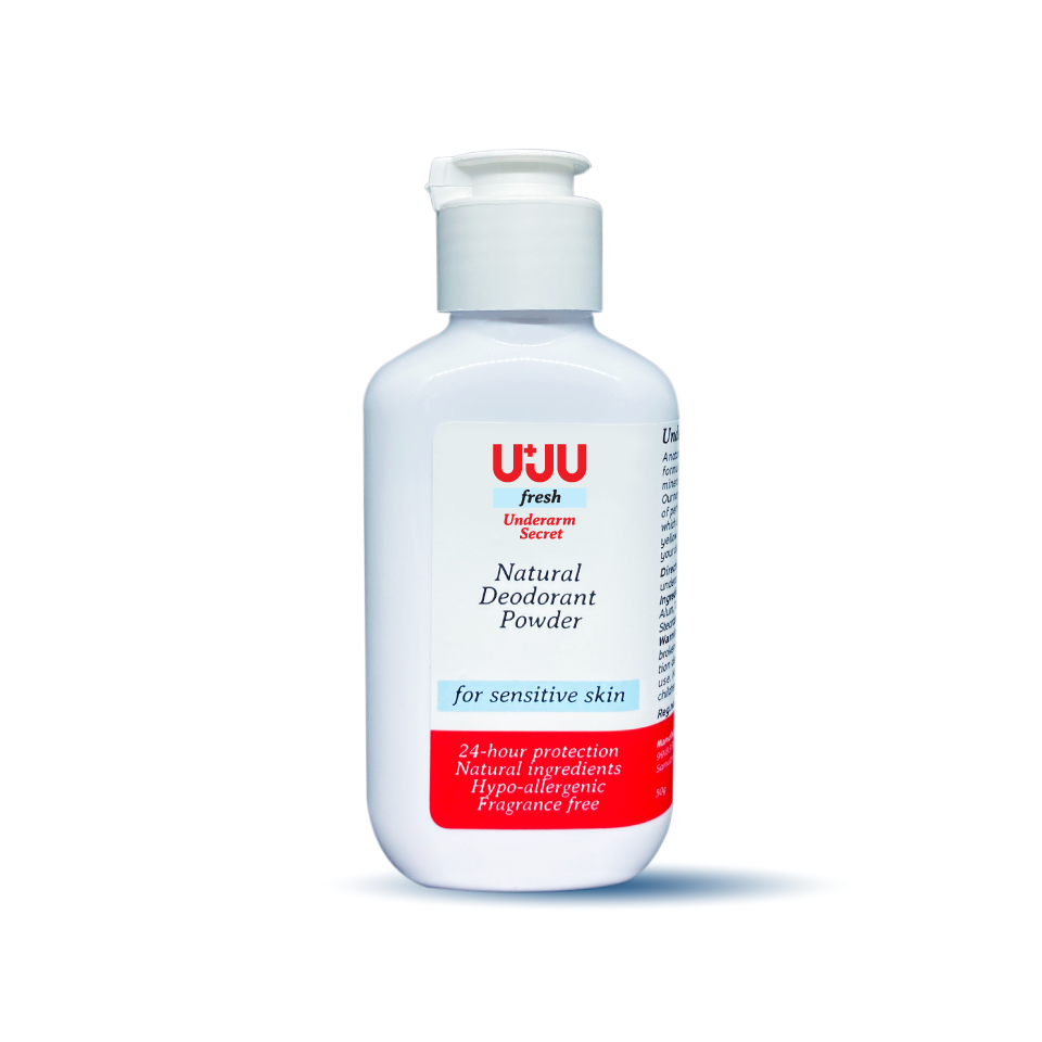 UJU fresh Deodorant Powder 50g แป้งระงับกลิ่นกาย ป้องกันแบคทีเรีย24ชม. ด้วยส่วนผสมจากธรรมชาติ ปราศจากน้ำหอม แอลกอฮอล์ที่เป็นสาเหตุให้รักแร้ดำ