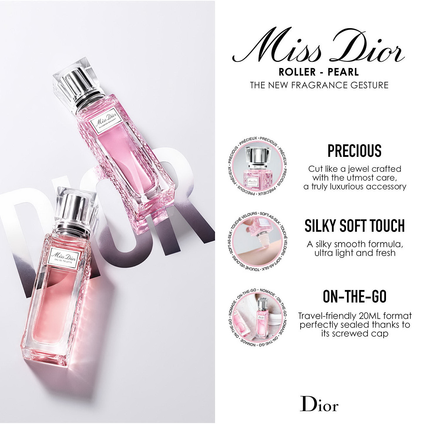 Miss Dior Blooming Bouquet Roller-Pearl EDT 20ml น้ำหอมหัวลูกกลิ้ง คุณจะสัมผัสได้ถึงกลิ่นดอกพีโอนีและกุหลาบดามัสกัสอันนุ่มนวลและอ่อนโยน แบบสาวทรงเสน่ห์และขี้เล่นในแบบ Miss Dior