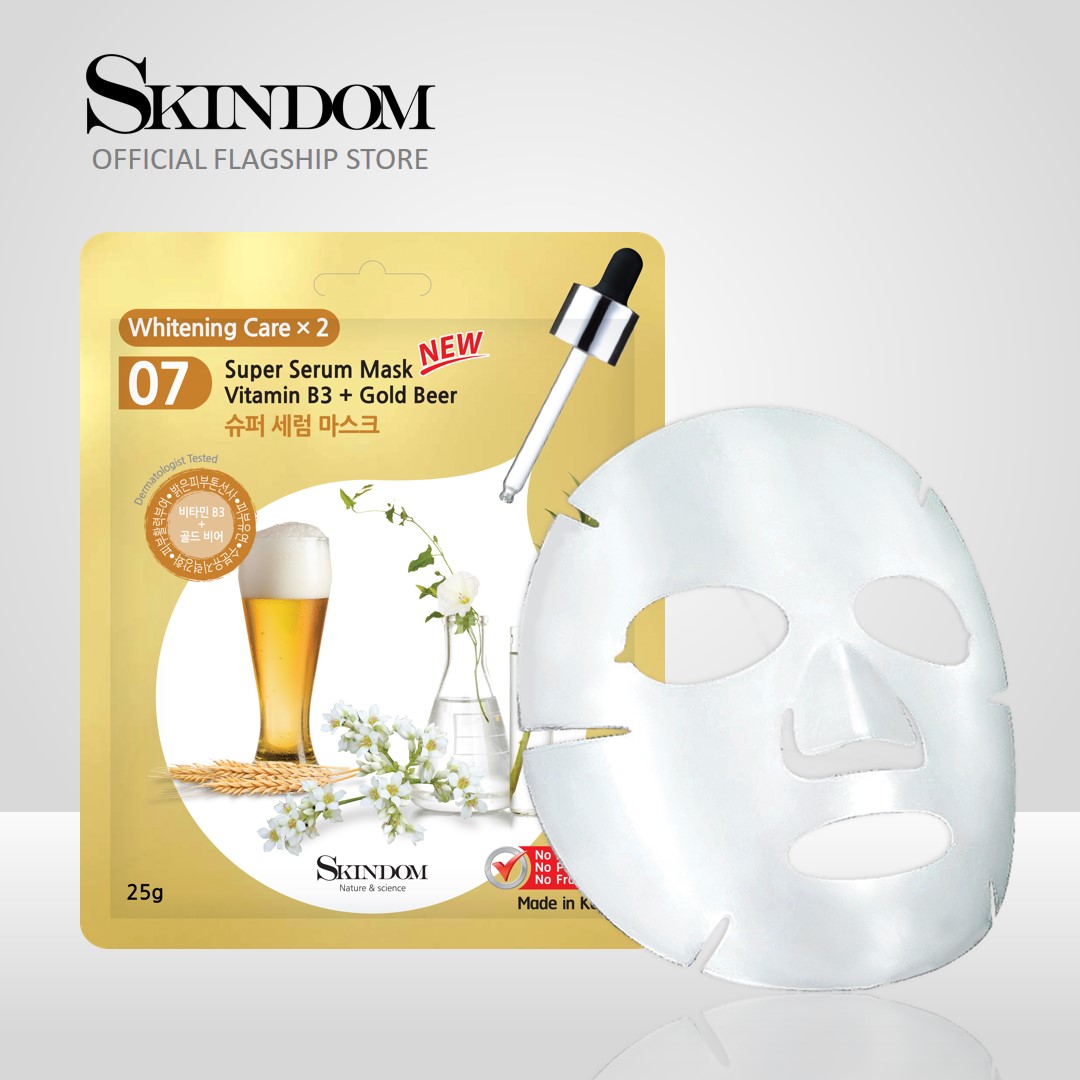 SKINDOM Super Serum Mask Vitamin B3 + Gold Beer (No.7) 25g มาสก์สูตรขาวใสแบบดับเบิ้ล สารสกัดจากฟองเบียร์สีทอง และวิตามิน B3 ลดเลือนจุดด่างดำต่างๆ