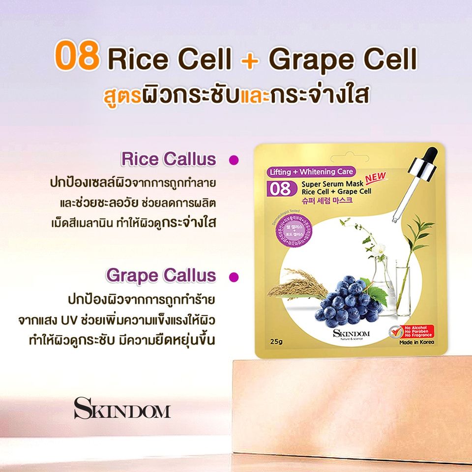SKINDOM Super Serum Mask Rice Cell + Grape Cell (No.8) 25g มาสก์สูตรผิวกระชับและลดเลือนริ้วรอย ด้วยสารสกัดจากเซลล์องุ่นและยอดข้าว เพื่อให้ผิวกลับมาดูเต่งตึงและอ่อนวัย
