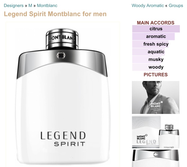 Mont Blanc Legend Spirit EDT  ท๊อปโน๊ตส์: Pink Pepper, Bergamot  ฮาร์ทโน๊ตส์: Aquatic accord, Lavender  เบสโน๊ตส์: White Woods, White Musk
