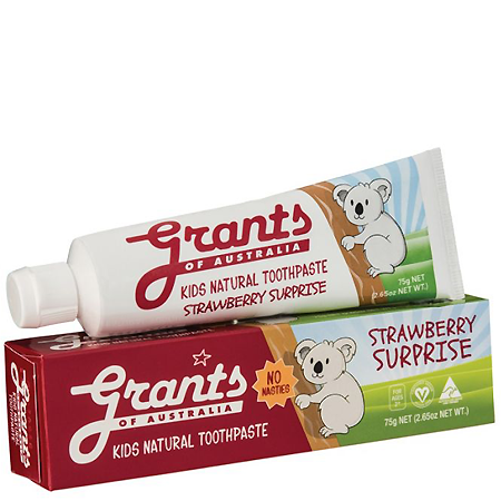 Grants of Australia Kids Toothpaste Strawberry Surprise 75g ยาสีฟันธรรมชาติสำหรับเด็ก กลิ่นสตรอว์เบอร์รี่ ป้องกันฟันผุด้วยไซลิทอลจากเปลือกไม้ ที่ช่วยลดแบคทีเรียในช่องปาก ซึ่งเป็นสาเหตุของฟันผุ