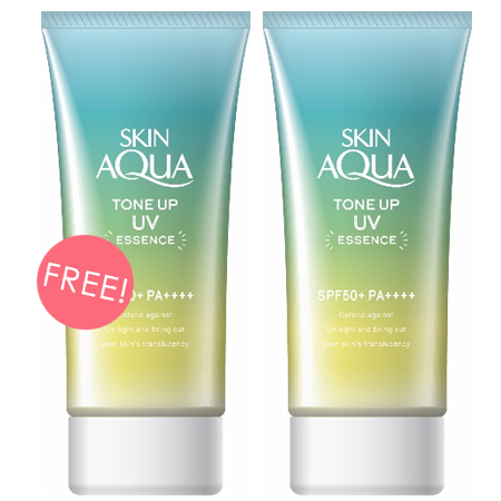 ซื้อ 1 ชิ้น ฟรี 1 ชิ้น!! Skin Aqua Tone Up UV Essence SPF50+ PA++++ Mint Green 80g กันแดดกึ่งเมคอัพเบส ช่วยกลบรอยแดงรอยดำจากสิว ด้วยเนื้อครีมสีมิ้นต์อ่อน ๆ