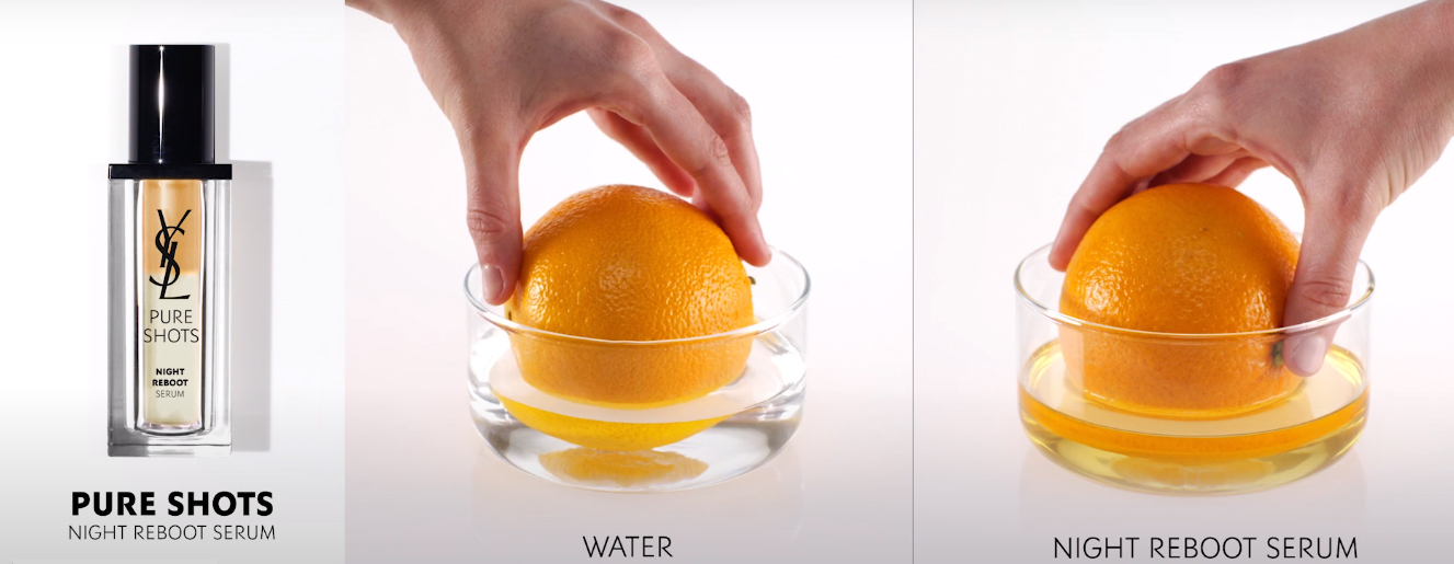 Yves Saint Laurent Pure Shots Night Reboot Serum เมื่อเทียบเมื่อนำผลส้มแช่ในน้ำ และ Night Reboot Serum  ช่วยฟื้นบำรุงและให้ผิวดูเรียบเนียนอิ่มฟูขึ้นทันที 