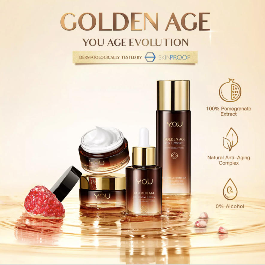 Y.O.U Golden Age Revitalizing Night Cream คอลเลคชั่นลดเลือนริ้วรอยประกอบด้วยสารสกัดจากผลทับทิมและกรดไฮยาลูโรนิกเพื่อรักษาความสมดุลของน้ำมันและน้ำบนผิวรวมถึงลดการเกิดริ้วรอยและริ้วรอย