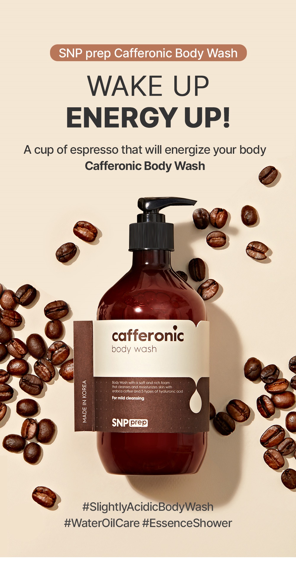 SNP PREP Cafferonic Body Wash 500ml ครีมอาบน้ำสารสกัดจากเมล็ดกาแฟ ช่วยให้ผิวชุ่มชื้น ลดเลือนริ้วรอย พร้อมด้วยส่วนผสมไฮยาลูรอน 5 ชนิด