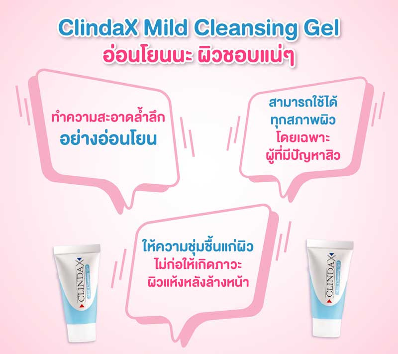 Clinda X Mild Cleansing Gel 20g เจลใสล้างหน้า สูตรอ่อนโยน ช่วยขจัดแบคทีเรีย สาเหตุของการเกิดสิว