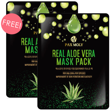 ซื้อ 1 ชิ้น ฟรี 1 ชิ้น !! PAX MOLY Real Aloe Vera Mask Pack 25 ml แผ่นมาสก์สูตรอโลเวร่าเข้มข้น ช่วยทำให้ผิวหน้านุ่ม ชุ่มชื่น ลดริ้วรอย และลดการอักเสบจากแสงแดด
