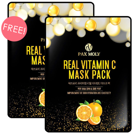 ซื้อ 1 ชิ้น ฟรี 1 ชิ้น !! PAX MOLY Real Vitamin C Mask Pack 25 ml สูตรวิตามินซีเข้มข้น มีส่วนผสมเข้มข้นจากผล sea buckthorn ที่มีวิตามินซีเข้มข้นสูง