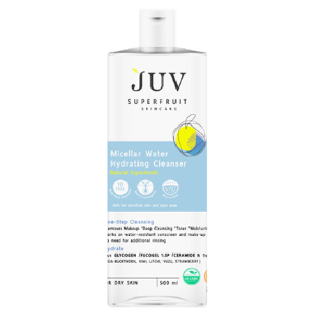 Juv Micellar Water Hydrating Cleanser 500 ml คลีนเซอร์สูตร Natural 100% ช่วยทำความสะอาดเมคอัพ สำหรับผิวธรรมดา ผิวแห้ง ผิวขาดน้ำ ขาดความชุ่มชื้น