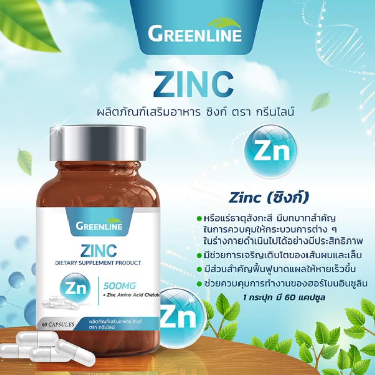 Greenline ZINC ซิงค์ 500 มก 60 แคปซูล ช่วยบำรุงผิว ผม เล็บ ลดความมันบนใบหน้า ลดการเกิดสิว เสริมสร้างภูมิคุ้มกันให้กับร่างกาย และ ป้องกันหวัด