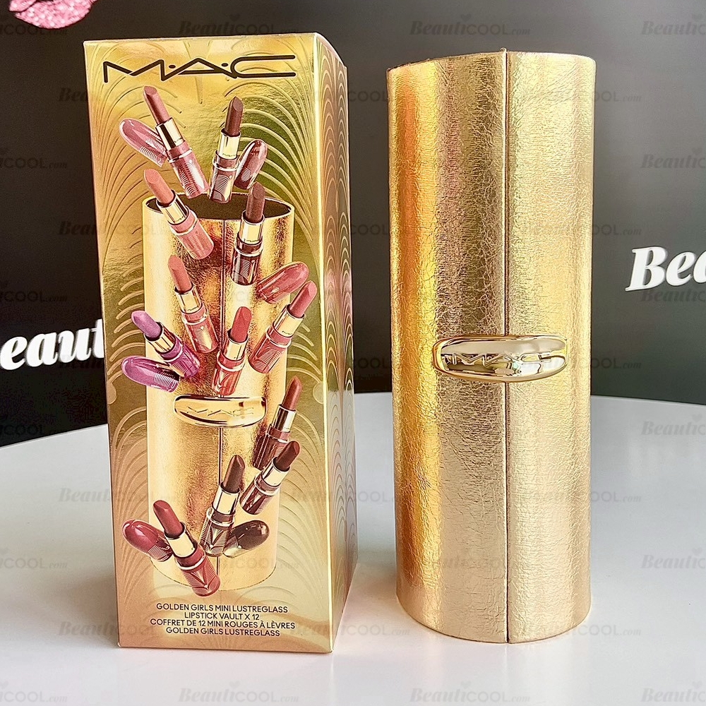 MAC Golden Girls Mini Lustreglass Lipstick Vault x 12 - Vault and 12 Mini Lipsticks - Travel Size (เฉดสี Immotal Coral ลิปมีรอย)