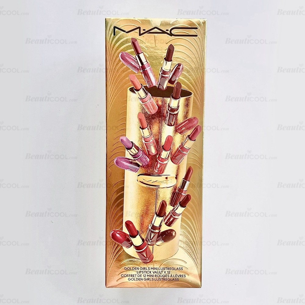 MAC Golden Girls Mini Lustreglass Lipstick Vault x 12 - Vault and 12 Mini Lipsticks - Travel Size (เฉดสี Immotal Coral ลิปมีรอย)