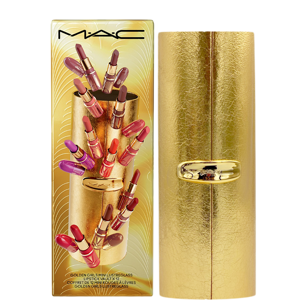MAC Golden Girls Mini Lustreglass Lipstick Vault x 12 - Vault and 12 Mini Lipsticks - Travel Size (เฉดสี Immotal Coral ลิปมีรอย)