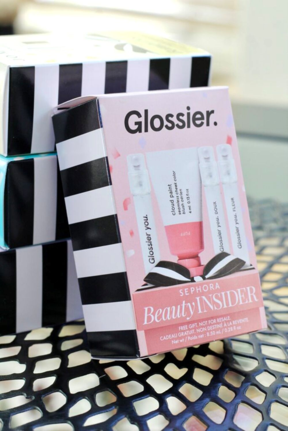 Glossier Celebrate You Set,his reward includes,  Glossier You Fragrance  ,Glossier You Doux Fragrance  , Glossier You Fleur Fragrance ,Glossier Cloud Paint Blush in Puff