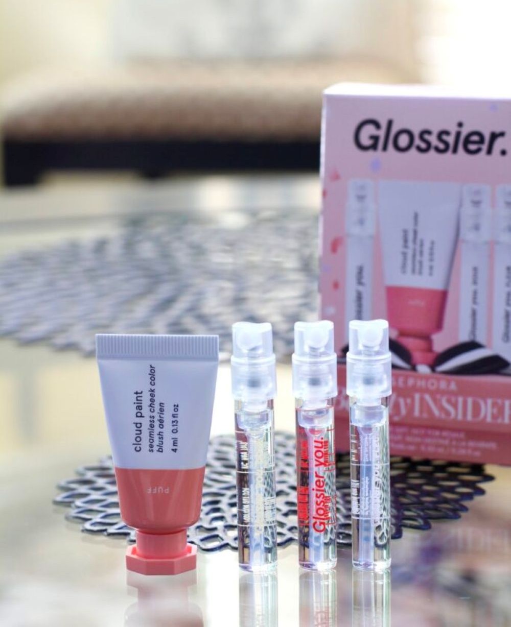 Glossier Celebrate You Set,his reward includes,  Glossier You Fragrance  ,Glossier You Doux Fragrance  , Glossier You Fleur Fragrance ,Glossier Cloud Paint Blush in Puff