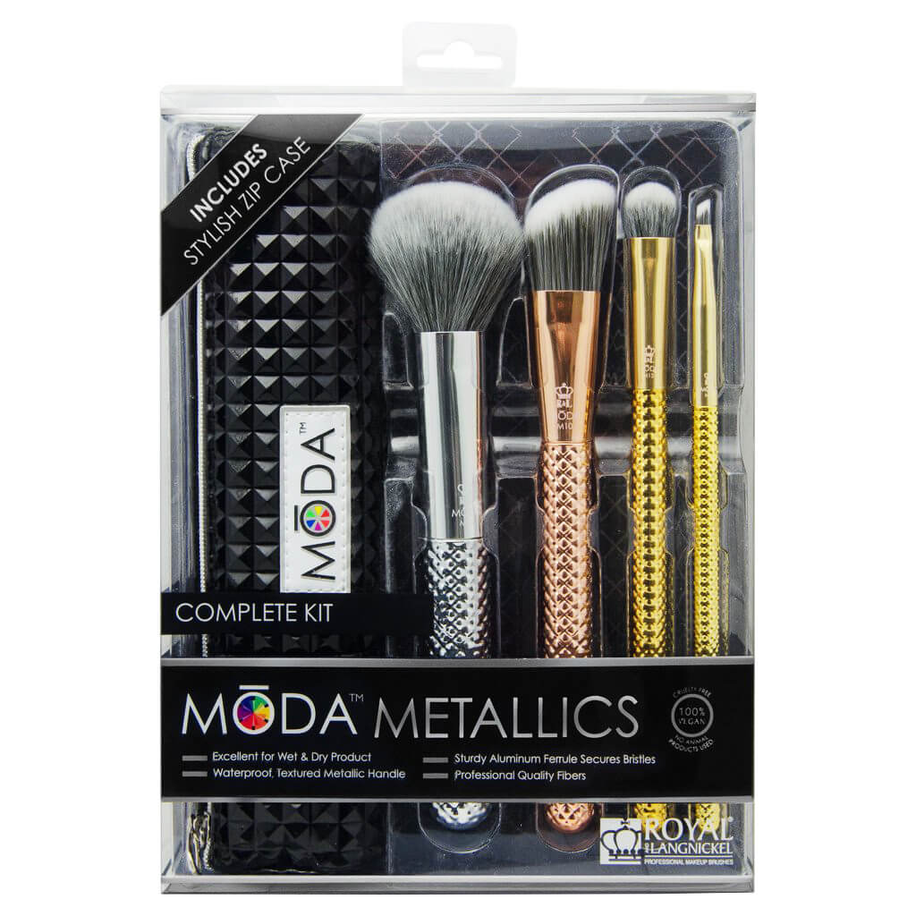 MODA Makeup Brushes  Metallics Complete Kit 5 pcs. แปรงแต่งหน้า 4 ชิ้น พร้อมกระเป๋าเก็บแปรง พกพาสะดวก เซ็ตเดียวครบ จบ เอาอยู่