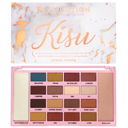 Makeup Revolution Kisu x Eyeshadow & Highlighter Palette พาเลทอายแชโดว์ 16 เฉดสีแนวเอิร์ธโทนสุดคลาสสิค มีทั้งเนื้อแมทต์และชิมเมอร์ และไฮไลท์เตอร์สุดสวยอีก 2 สี