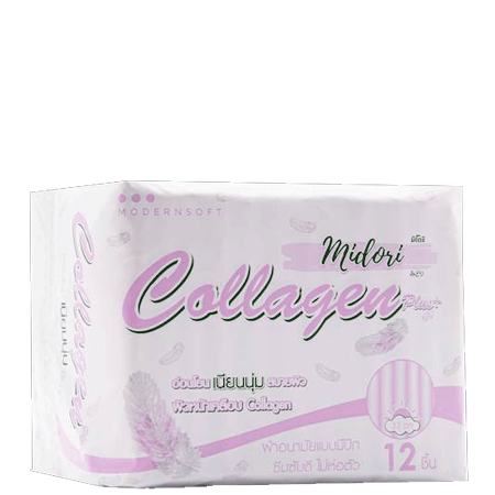Midori Collagen Plus Day 23cm 12pcs ผ้าอนามัยแบบกลางวันความยาว 23 ซม. ผิวหน้าเคลือบคอลลาเจน ช่วยฟื้นฟูปรับสภาพผิวแห้งของจุดซ่อนเร้น บำรุงผิวให้ขาวเนียนนุ่ม