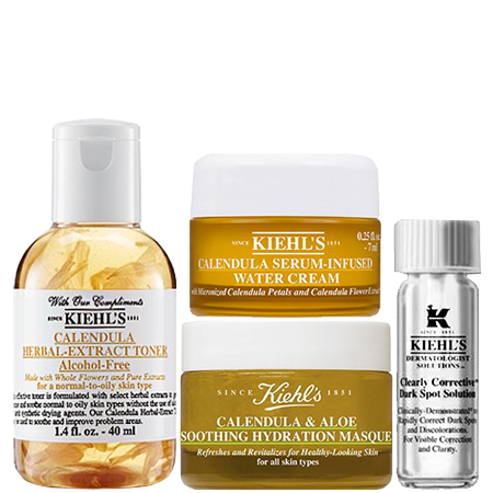 Kiehl's Calendula Herbal-extract toner Alcohol-free 40 ml + Clearly Corrective Dark Spot Solution 4 ml+Calendula & Aloe Soothing Hydration Masque 14 ml.+Calendula Serum Infused Water Cream 7ml