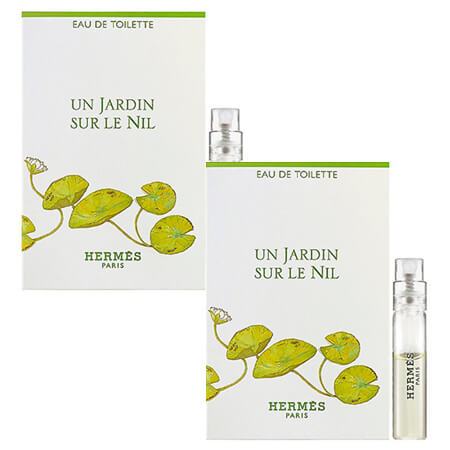 Hermes แพ็คคู่ Un Jardin Sur Le Nil Eau De Toilette 2 ml กลิ่นหอมของมะม่วงและดอกบัวผสมผสานกันอย่างลงตัว หอมสดชื่น ดั่งความหอมที่ได้จากริมฝั่งแม่น้ำไนล์แห่งอียิปต์