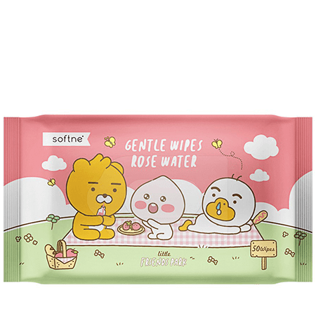 Softne Softne’ Gentle Wipes Rose Water 50 Wipes (Kakao) ทิชชูเปียกทำความสะอาดผิว ลาย Kakao Little Friends ใยผ้านุ่ม ชุ่มน้ำ ไม่ระคายเคืองผิว