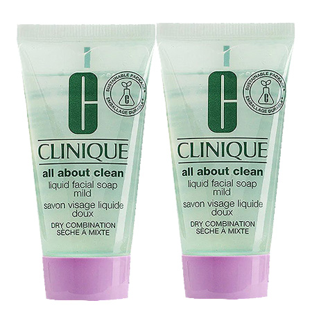 Clinique ซื้อ 1 ชิ้น ฟรี 1 ชิ้น !! Liquid Facial Soap Mild Dry Combination 30 ml x 2 สบู่เจลใสทำความสะอาดผิว ช่วยปรับสมดุลของผิวให้ผิวรู้สึกสบาย นุ่มนวล